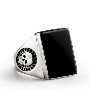 Skull Men's Sterling Silver Wide Ring with Big Natural Stone