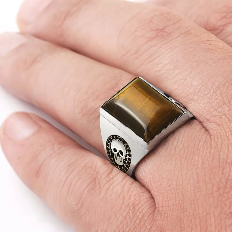 Skull Men's Sterling Silver Wide Ring with Big Natural Stone