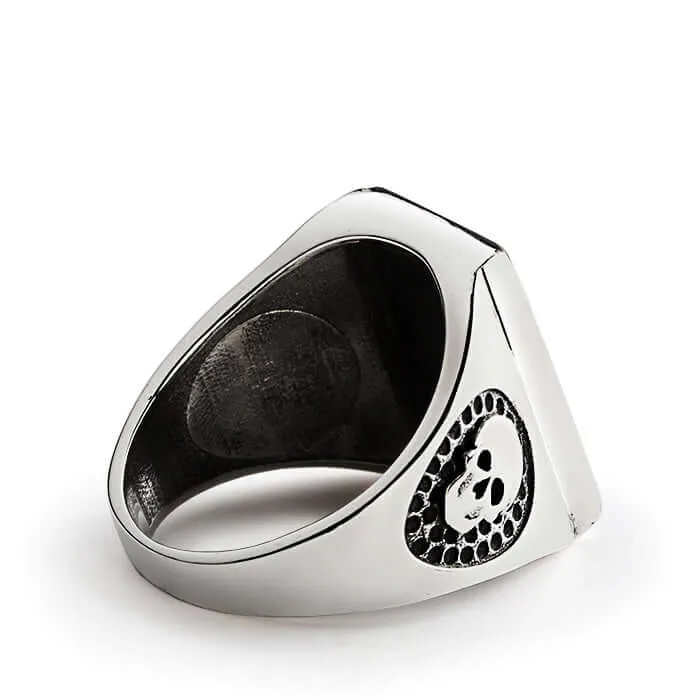 Skull Men's Sterling Silver Wide Ring with Big Natural Stone