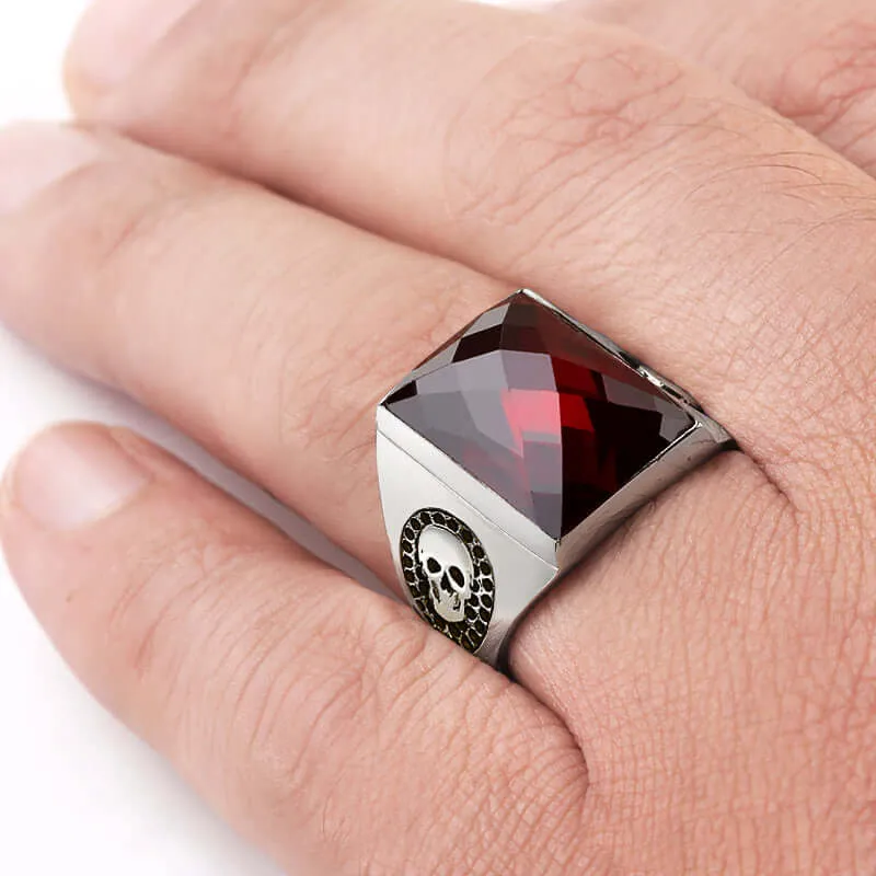 Skull Men's Sterling Silver Wide Ring with Big Natural Stone