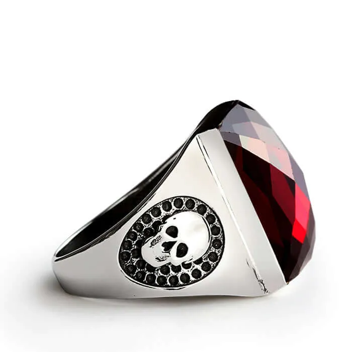 Skull Men's Sterling Silver Wide Ring with Big Natural Stone
