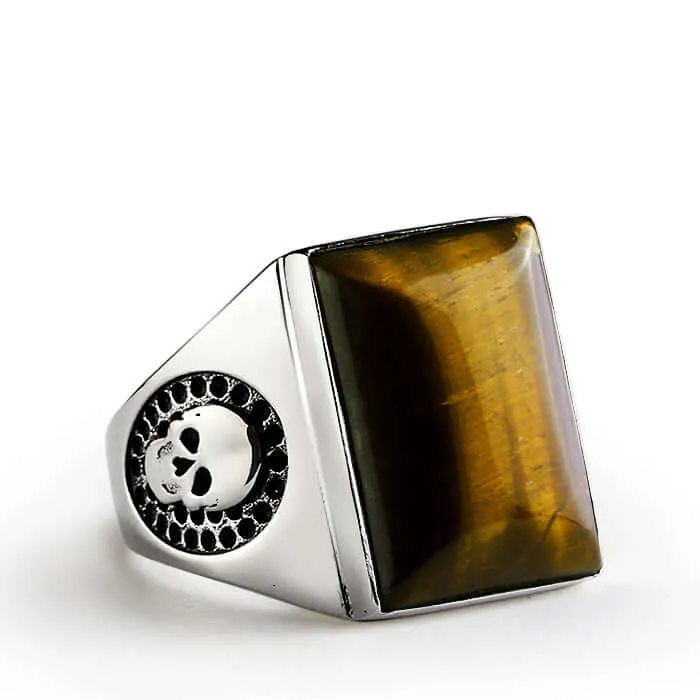 Skull Men's Sterling Silver Wide Ring with Big Natural Stone