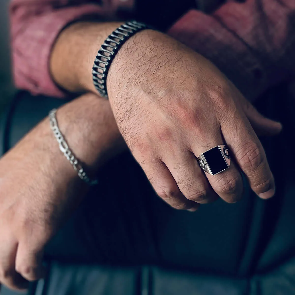 Skull Men's Sterling Silver Wide Ring with Big Natural Stone
