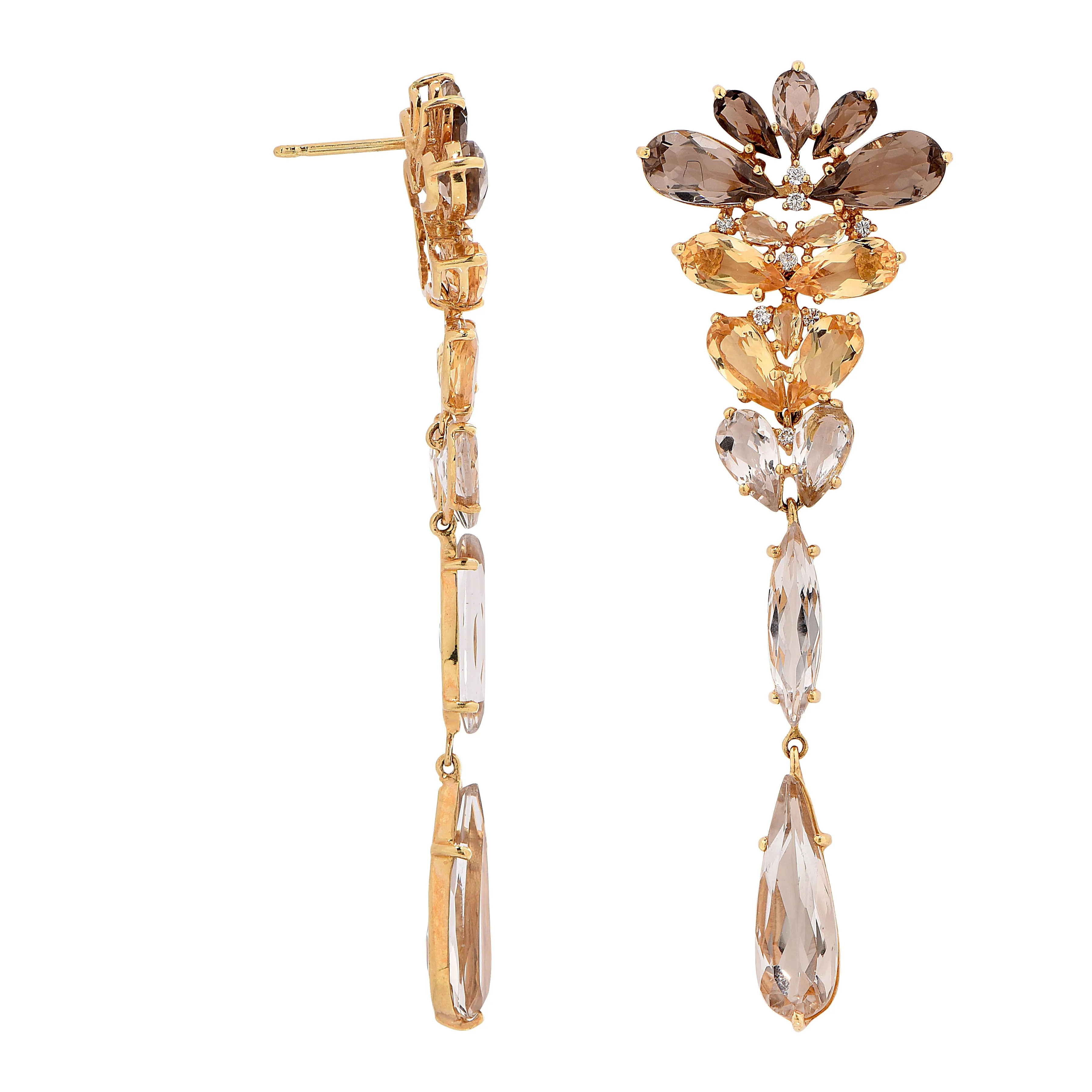 Smokey Quartz Citrine Diamond Yellow Gold Drop Earrings