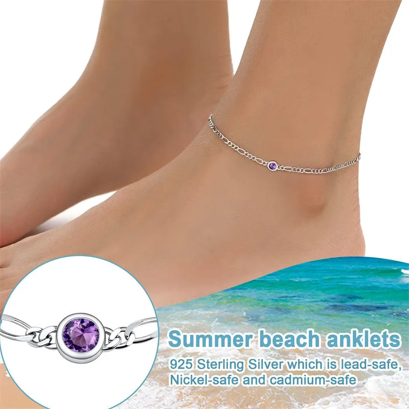 Sterling Silver Diamond Cut 3mm Round Birthstone Single Layer Anklet