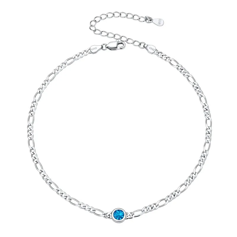 Sterling Silver Diamond Cut 3mm Round Birthstone Single Layer Anklet