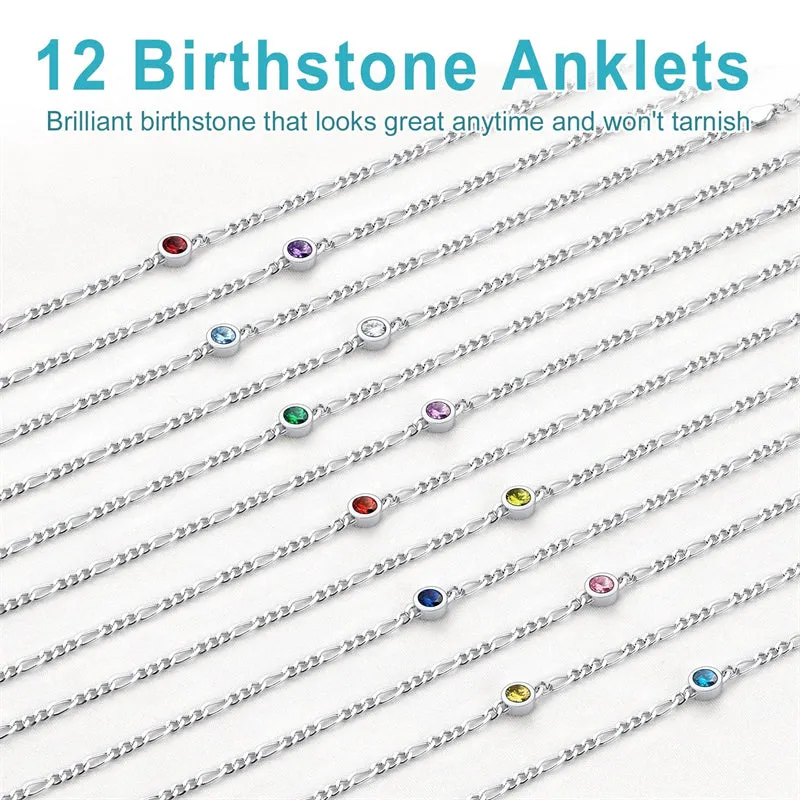 Sterling Silver Diamond Cut 3mm Round Birthstone Single Layer Anklet