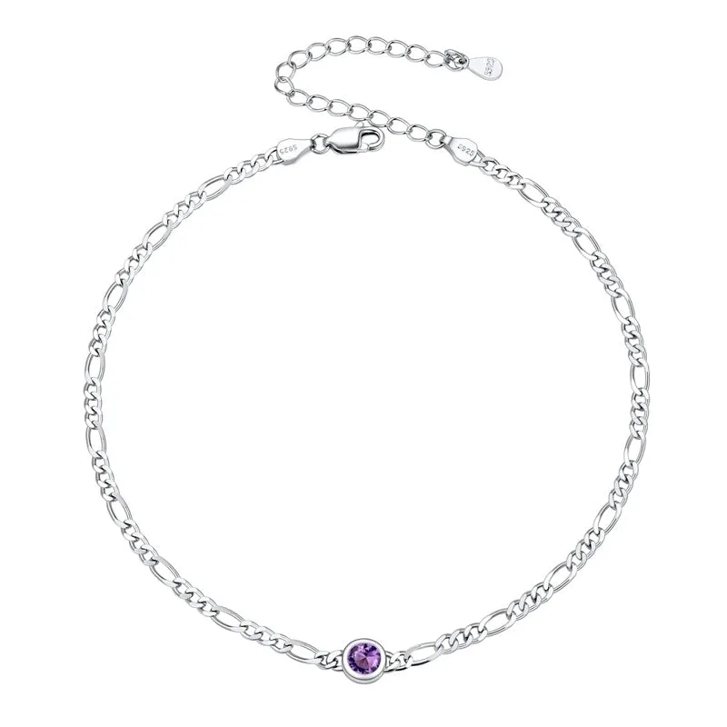 Sterling Silver Diamond Cut 3mm Round Birthstone Single Layer Anklet