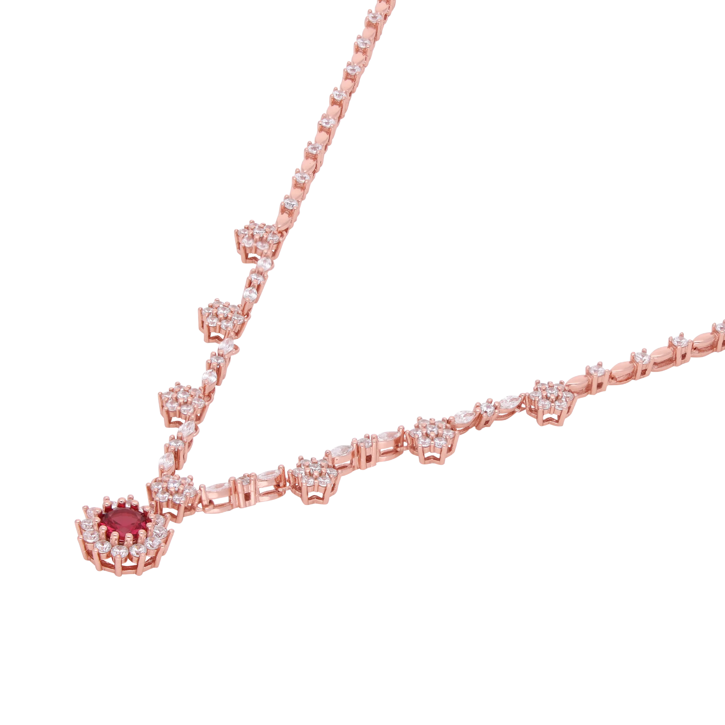 Sterling Silver Floral Pendant Necklace with Cubic Zirconia & Red Round Gemstone | SKU : 0021158513