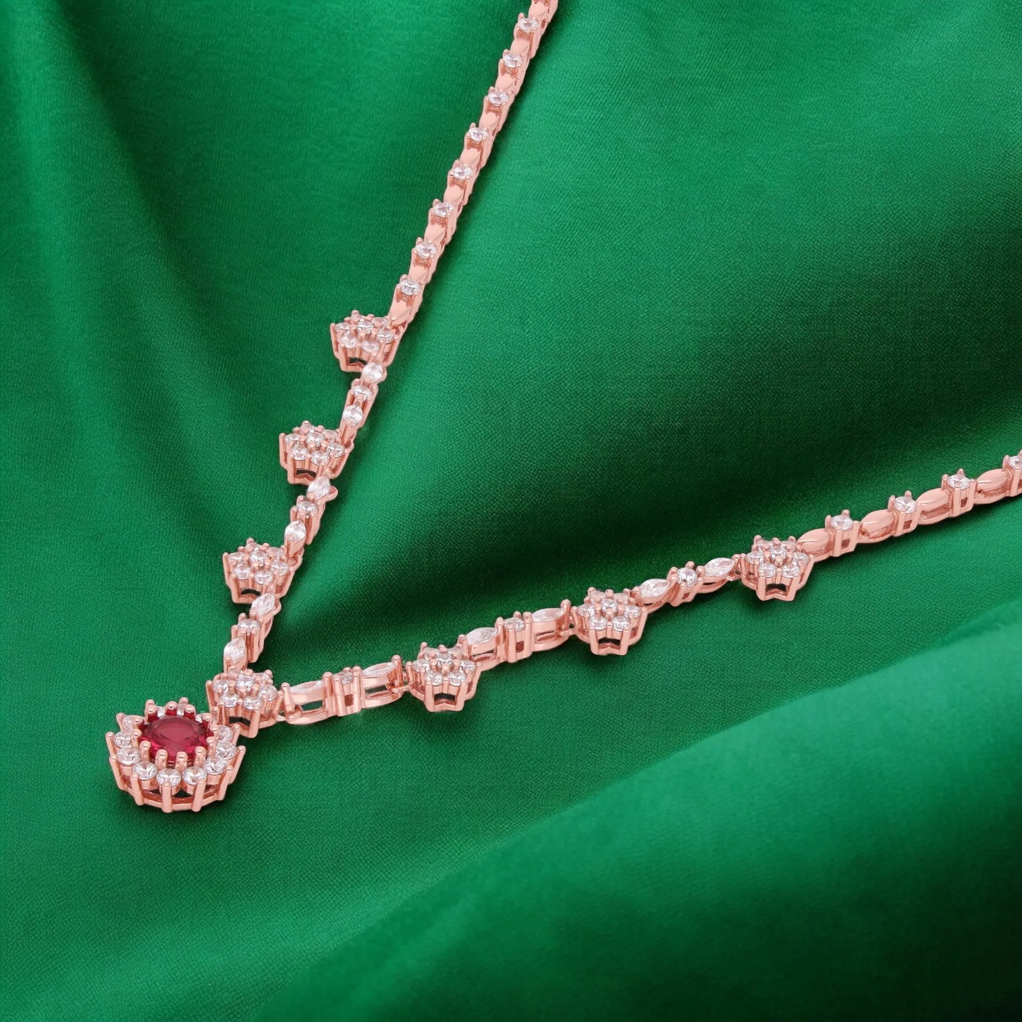 Sterling Silver Floral Pendant Necklace with Cubic Zirconia & Red Round Gemstone | SKU : 0021158513