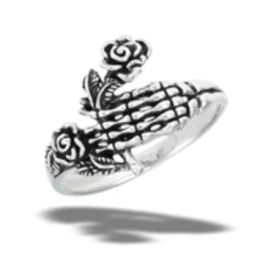 Sterling Silver Skeleton's Hand Holding Roses Ring