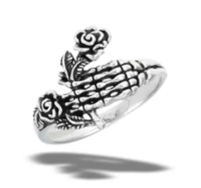 Sterling Silver Skeleton's Hand Holding Roses Ring
