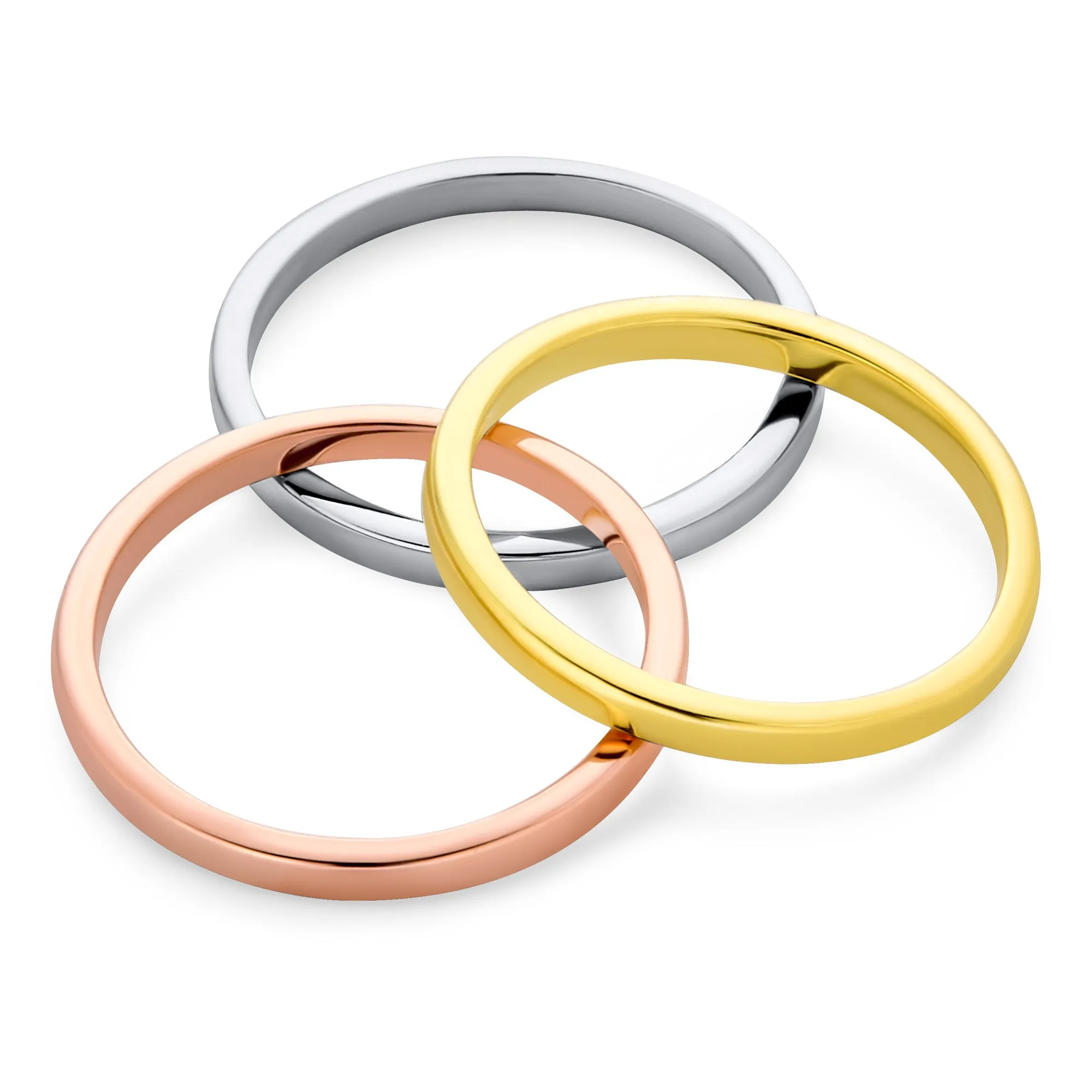 Tri Color Silver Ring: Stacking Couples Wedding Band Set 14K Gold Plated Sterling