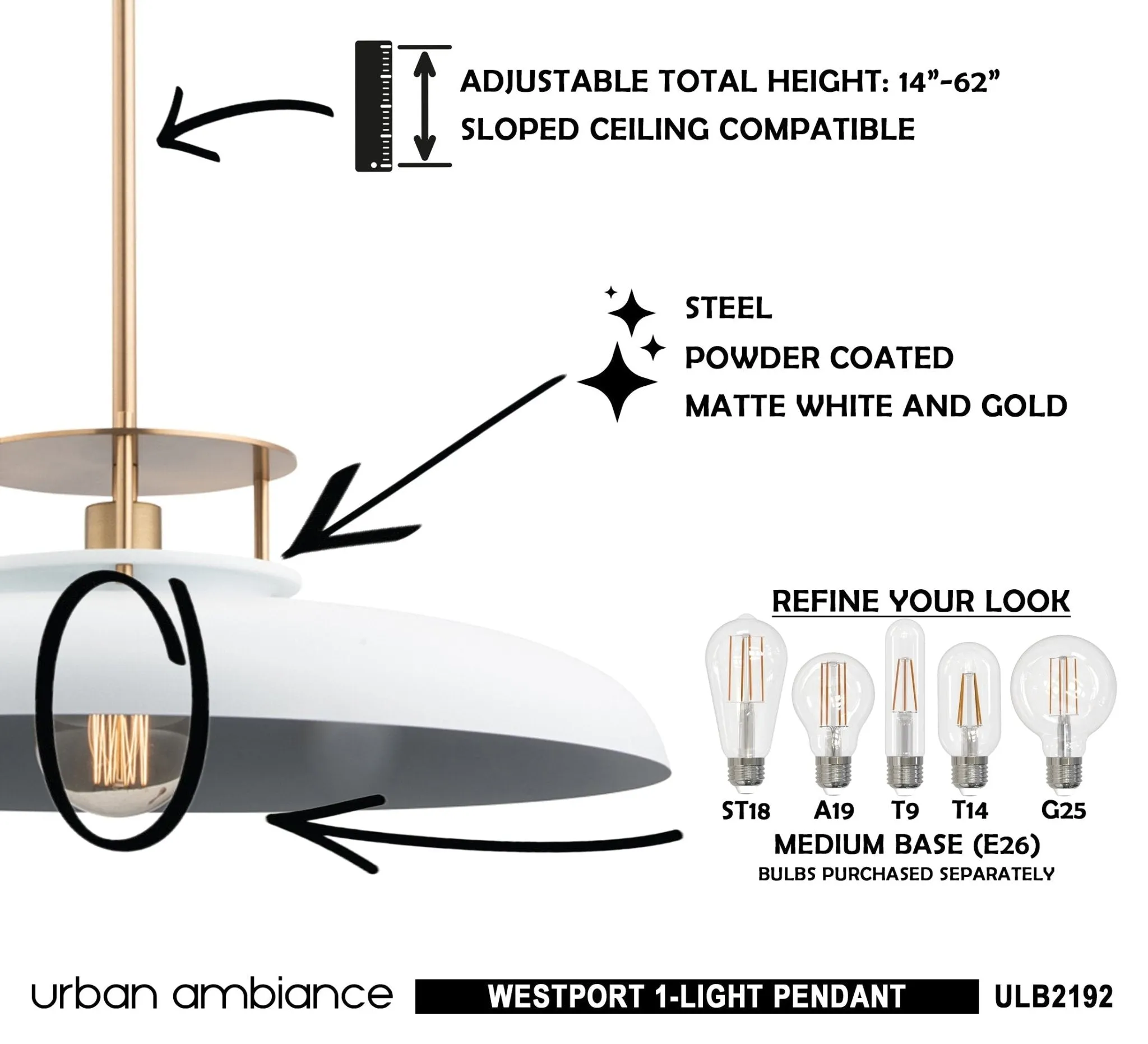ULB2192 Transitional Pendant, 8''H x 20''W, Matte White and Gold Finish, Westport Collection
