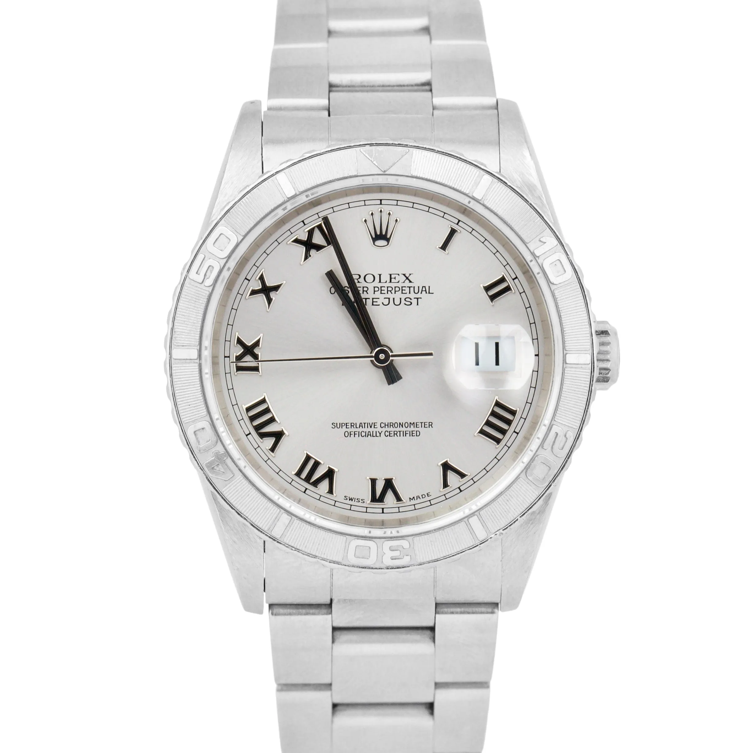 UNPOL. Rolex DateJust 36mm Turn-O-Graph Silver Roman Stainless Watch 16264 B&P