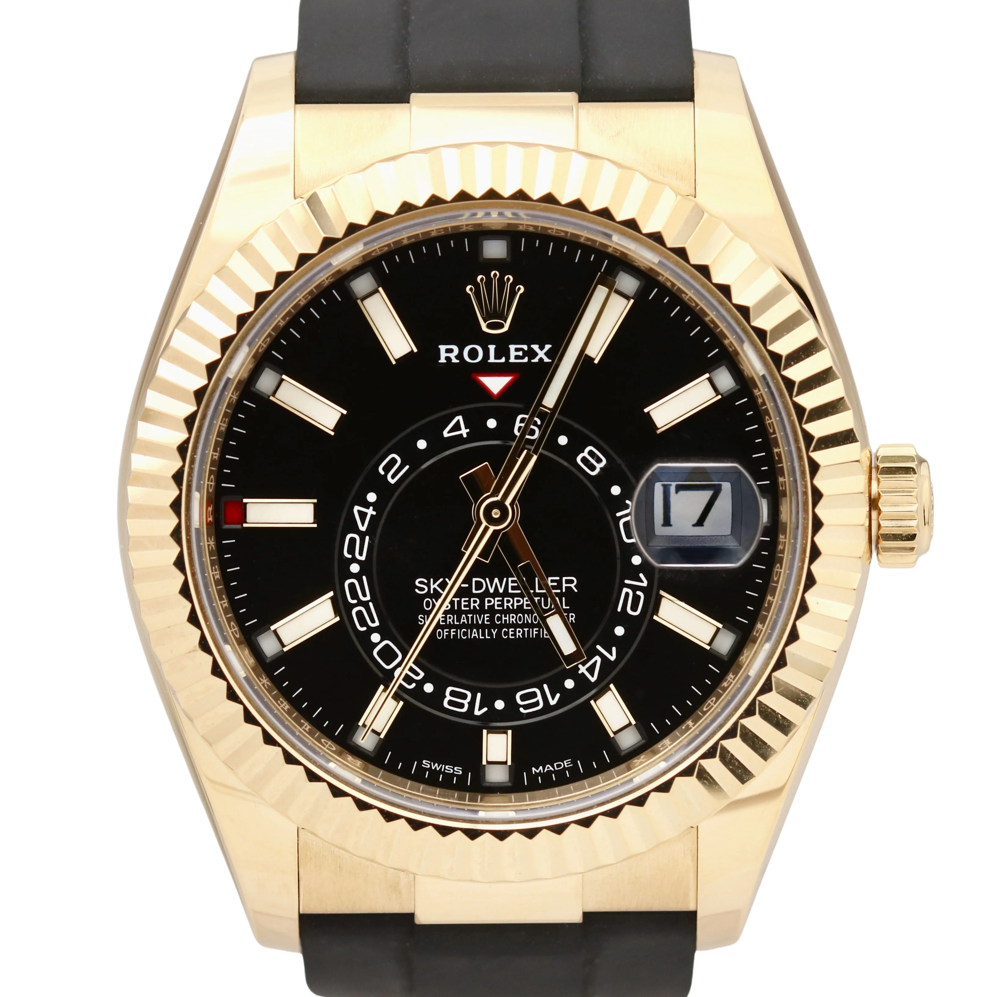 UNPOLISHED Rolex Sky-Dweller 18K Yellow Gold Rubber BLACK DIAL 42mm 326238 Watch