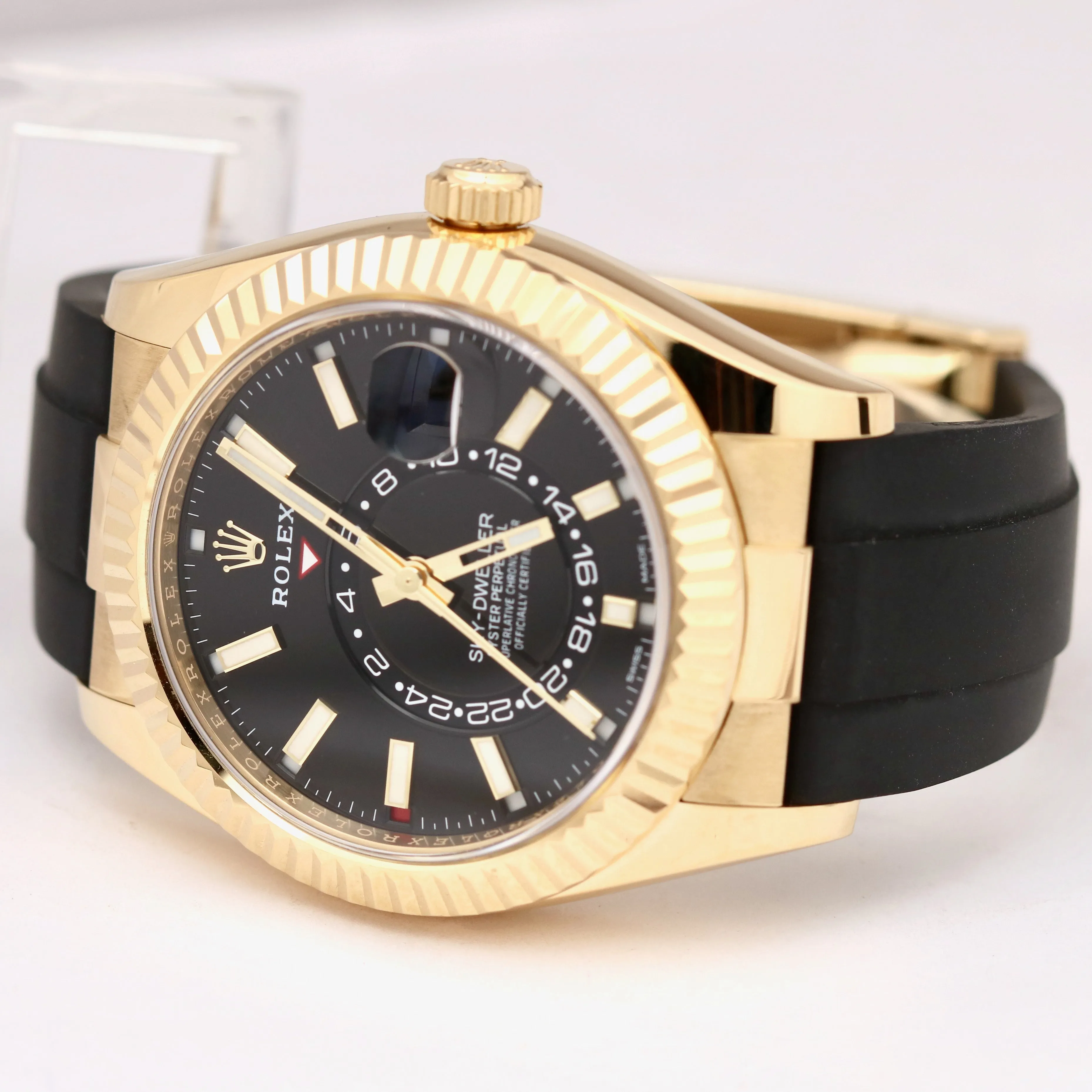 UNPOLISHED Rolex Sky-Dweller 18K Yellow Gold Rubber BLACK DIAL 42mm 326238 Watch
