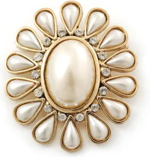 Vintage Inspired Gold Plated Simulated Pearl, Crystal Oval Brooch - 55mm Across