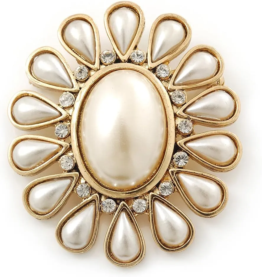 Vintage Inspired Gold Plated Simulated Pearl, Crystal Oval Brooch - 55mm Across