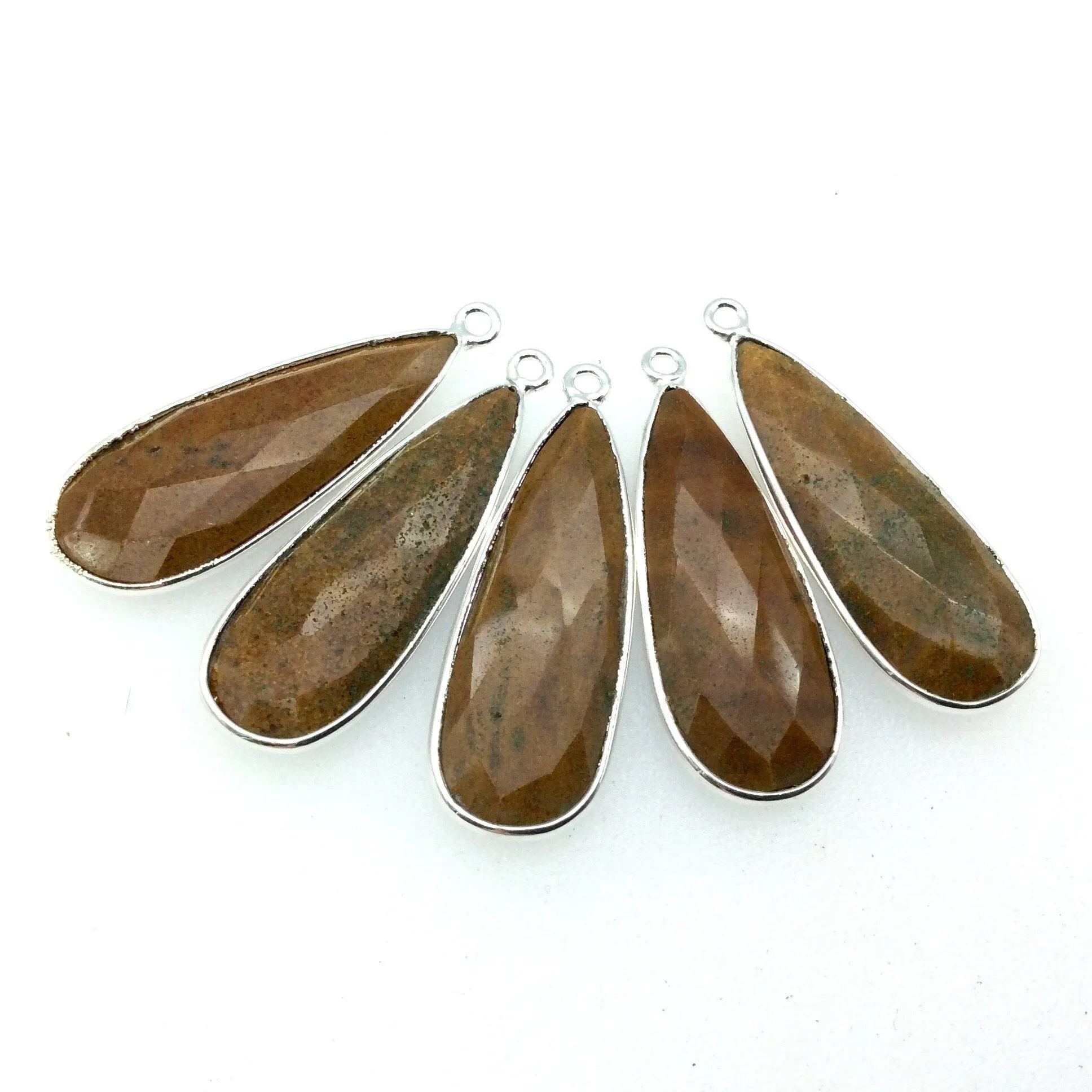Yellow Jasper Bezel Pendant - Faceted Long Teardrop Shaped with Silver Finish - 12mm x 30mm - Natural Semi-Precious Gemstone